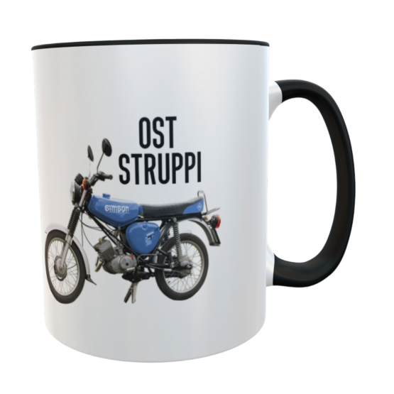 Ost Struppi Keramiktasse 330 ml mit blauem Simson Motiv – Spülmaschinenfester Kaffeebecher mit schwarzem Henkel 