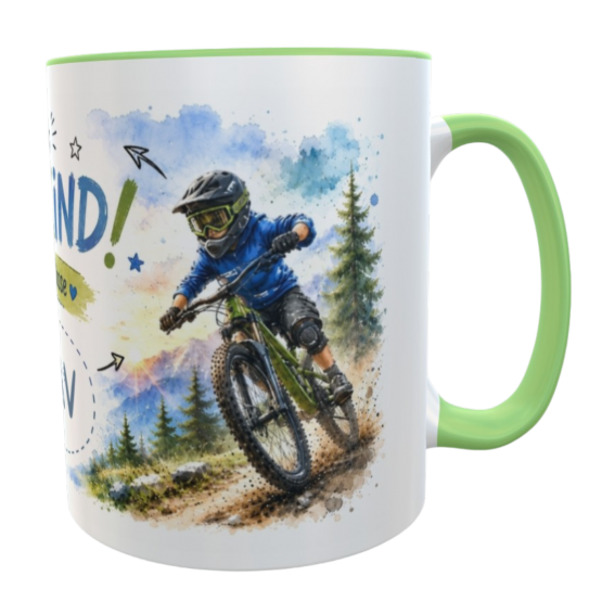 Personalisierte Einschulungstasse Mountainbike – Endlich Schulkind 2026 mit Wunschname 330 ml Keramiktasse für Jungen 
