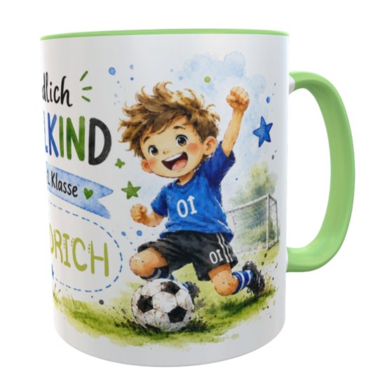 Einschulungstasse Fußball – Endlich Schulkind 2026 mit Wunschname 330 ml Keramiktasse für Jungen 