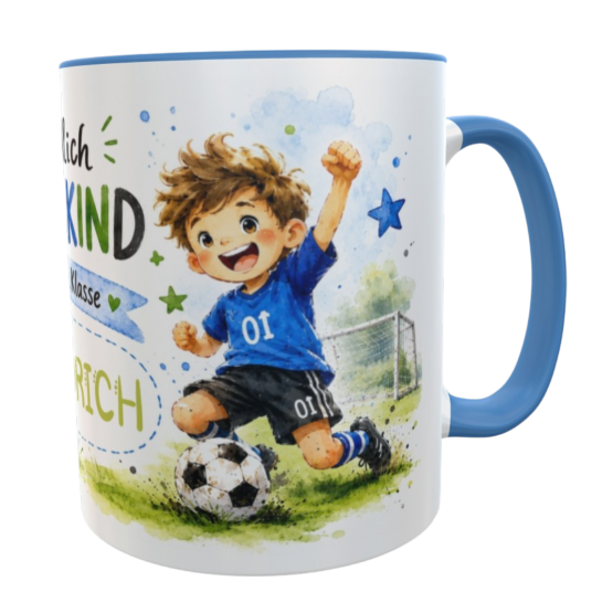 Einschulungstasse blau Fußball – Endlich Schulkind 2026 mit Wunschname 330 ml Keramiktasse für Jungen 