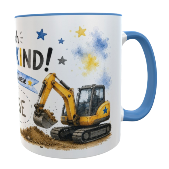 Personalisierte Einschulungstasse Bagger – Endlich Schulkind 2026 mit Wunschname | 330 ml Keramiktasse für Jungen 