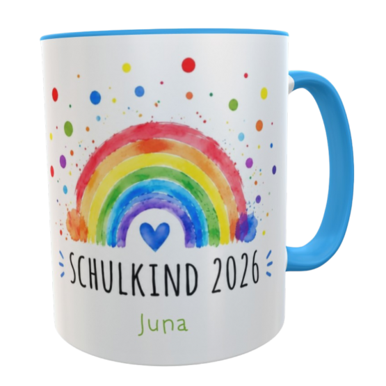 Personalisierte Schulkindtasse Regenbogen 2026 mit Wunschname – Keramiktasse Einschulungsgeschenk 