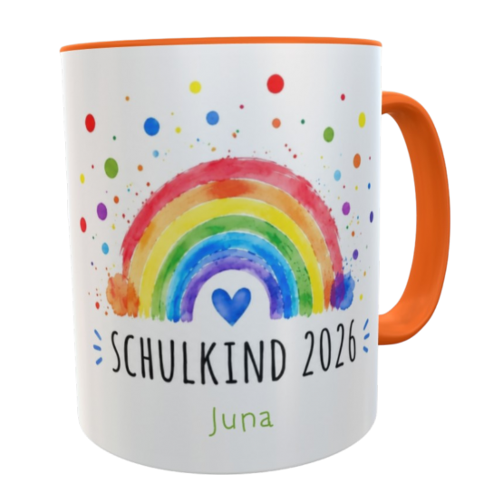 Personalisierte Schulkindtasse Regenbogen orange – Schulkind 2026 mit Wunschname zur Einschulung 