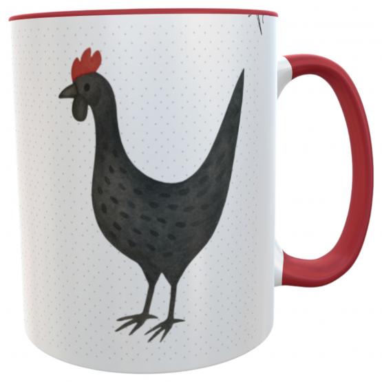 Schwarze Huhn-Tasse mit rotem Henkel – Keramiktasse im Landhausstil - Hühner-Motiv, Geschenk für Hühnerfans 