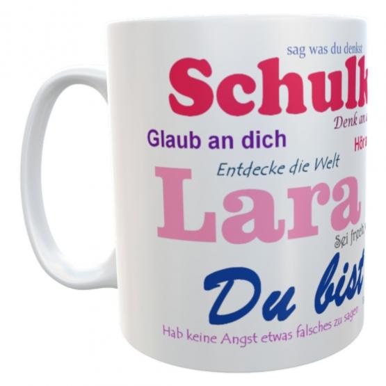 Namens-Tasse Schulkind zur Einschulung Mädchen inkl. Geschenkverpackung 