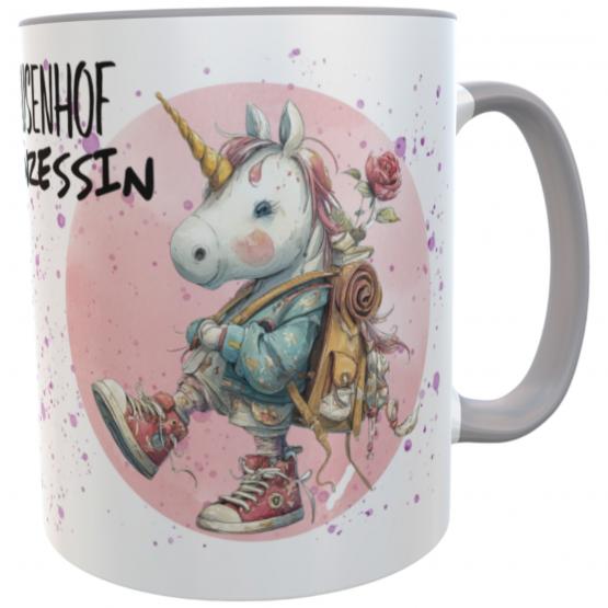 Personalisierte Schulkind-Tasse Einhorn – Geschenk zur Einschulung 2026 für Mädchen in Grau 