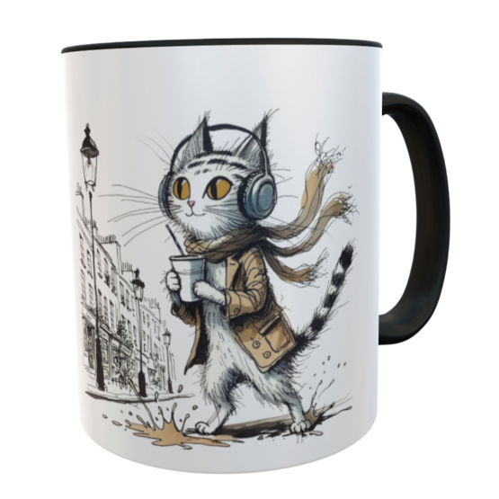 Kaffeetasse mit cooler Katze im Mantel & Kopfhörer – Streetstyle-Design 