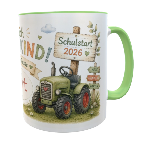 Personalisierte Schulkindtasse Traktor Herz – Schulkind 2026 mit Wunschname für kleine Bauernhof-Fans 