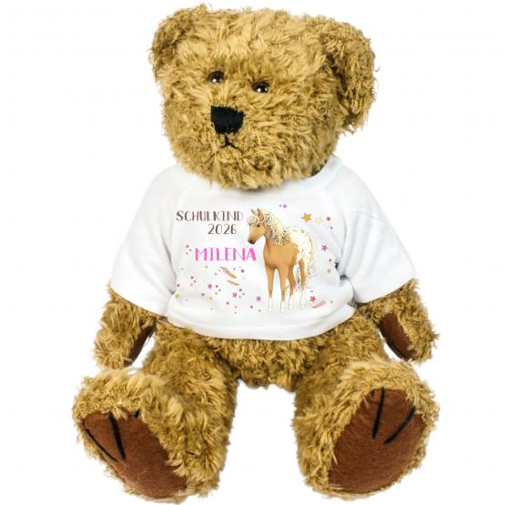 personalisierter Bär mit Pferde-Shirt beige Einschulung 