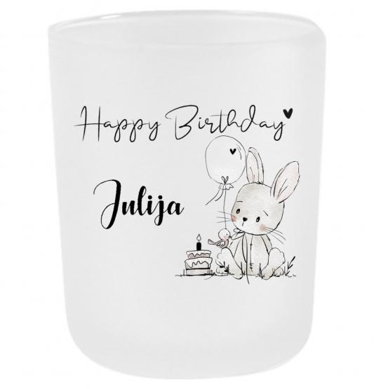 Personalisiertes Geburtstagslicht mit Name – Teelichtglas Happy Birthday Hase mit Ballon 