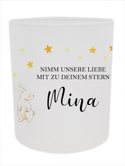 Teelichtglas Trauerlicht Kinder mit Hase Spruch Nimm unsere Liebe 