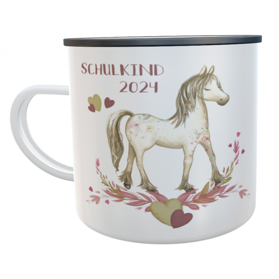 Emaille-Tasse Pferd mit Namen Schulkind 2024 Kindertasse 