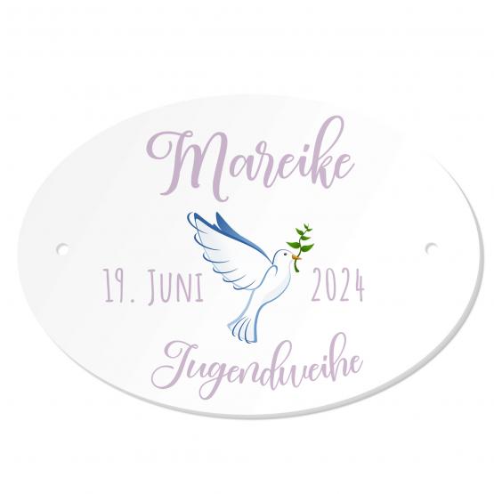 Personalisiertes Namenschild zur Jugendweihe Taube Mädchen 