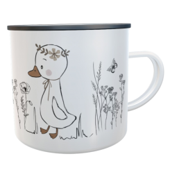 Emaille-Tasse personalisiert – Ente im Wildblumenfeld 