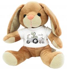 Personalisierter Kuschelhase – Flauschiges Stofftier – Motiv Traktor mit Dino 