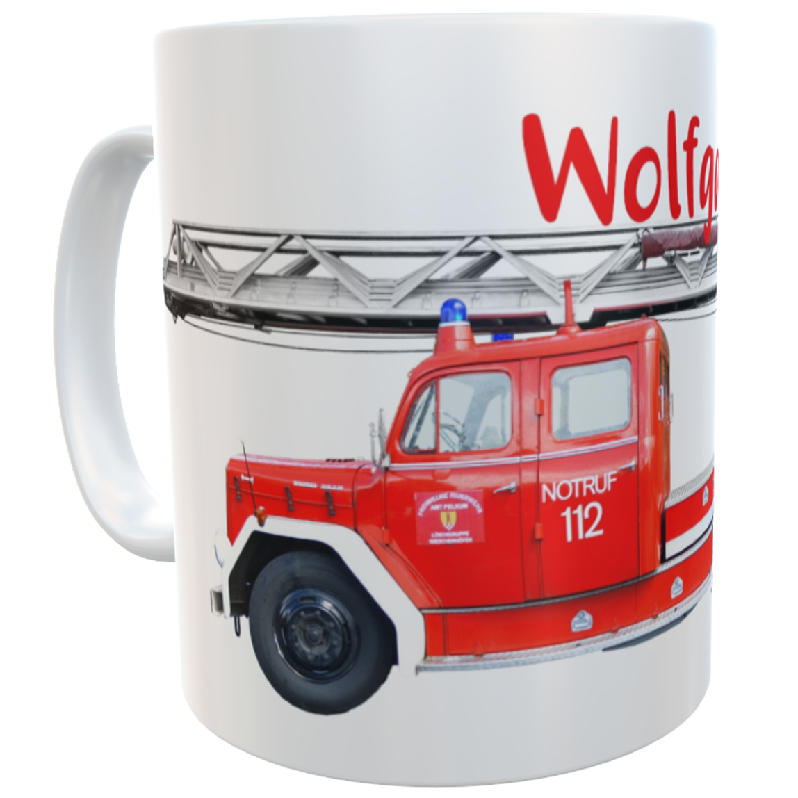 Kaffee-Tasse Feuerwehrauto mit Namen des Feuerwehrmanns | Berufe Tassen